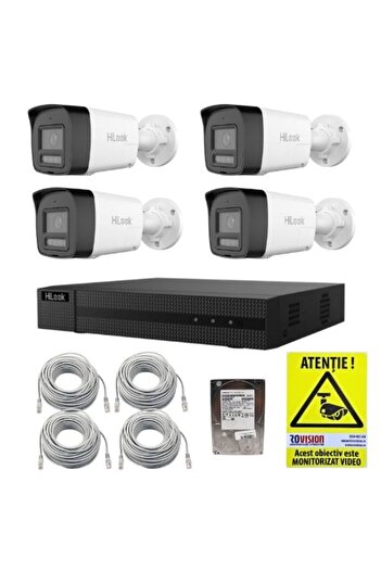 Hilook Kit de supraveghere IP - 4 camere PoE cu lumină duală de 4×4MP, 30m, NVR PoE 4K cu 4 canale, HDD de 1TB, cabluri