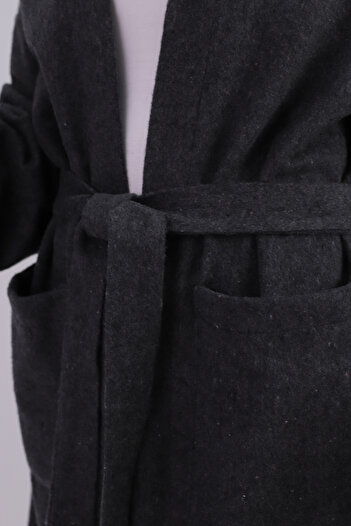 armonika Kadın Füme Beli Kuşaklı Cepli Kapüşonlu Oversize Kaşe Kaban ARM-26K001025
