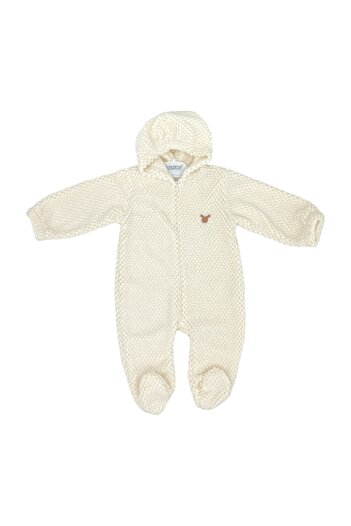 mini mia Baby Zippered Hooded Welsoft Soft Embossed Romper with Teddy Bear Emblem