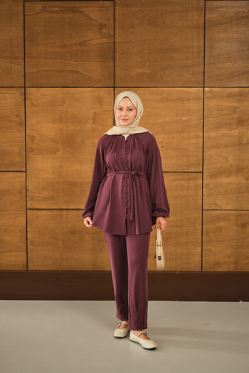 LOCCO Women's Button Detailed Waist Tie Suit Plum