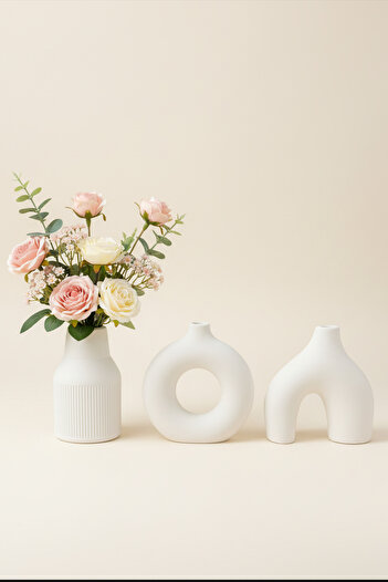 ZURİ DESİGN Modern Bohemian Style Concrete Vase Set of 3 – Decorative Minimal Set
