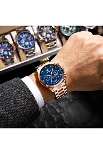 POEDAGAR Men's Watch Quartz Chronograph Analog Elegant Date Steel Gold Blue