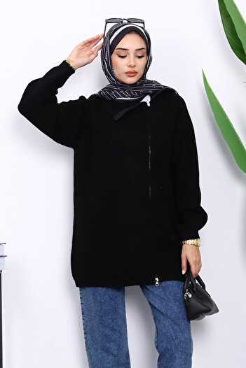 İmajButik Black Thessaloniki Braided Zippered Knitwear Cardigan