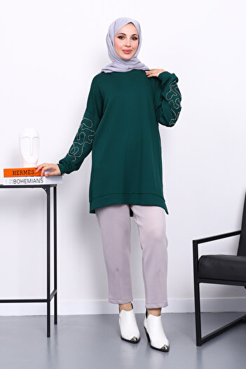 İmajButik Emerald Green Sleeve Embroidered Modal Tunic