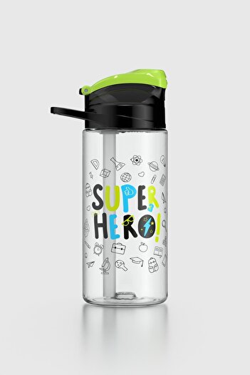 Renga Falcon Super Hero Patterned 500 ml Tritan Children's Water Bottle with Straw 912037 Black