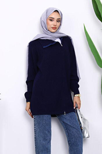 İmajButik Navy Blue Thessaloniki Braided Zippered Knitwear Cardigan