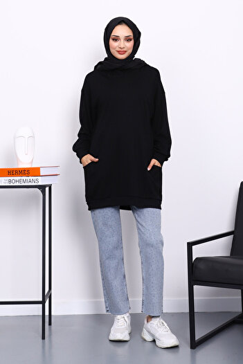 İmajButik Black Hooded Double Pocket Sweatshirt
