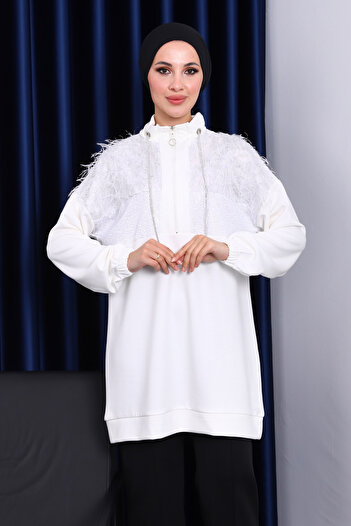 İmajButik Ecru Collar Zippered Tasseled Tunic