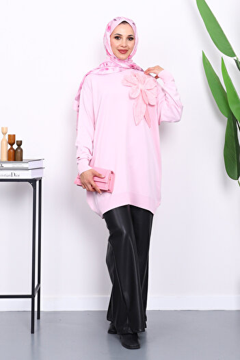 İmajButik Pink Cold Yarn Floral Detailed Knitwear Tunic