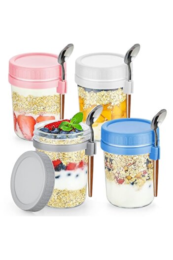Generic HANNEA® 4 Pack Glass Jars with Lid & Spoon, 350ML Airtight Glass Storage Canister Food Storage Jars