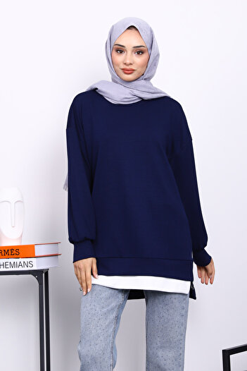 İmajButik Navy Blue Crew Neck Side Zipper Tunic