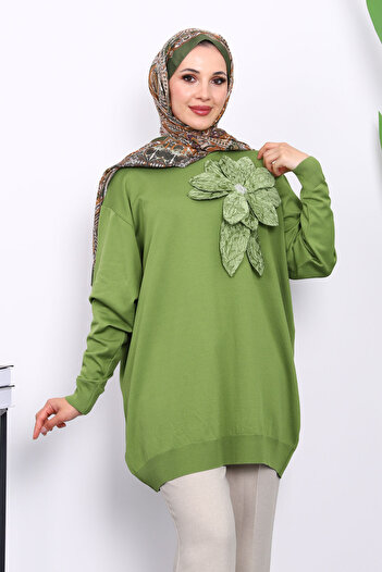 İmajButik Green Cold Yarn Floral Detailed Knitwear Tunic