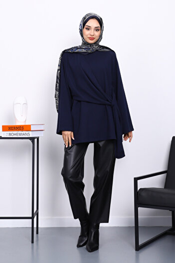 İmajButik Navy Blue Corded Fabric Tunic with Side Shawl