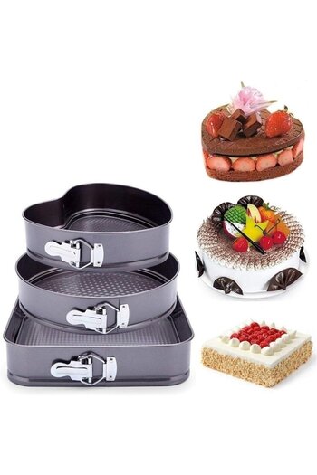 SHİSHİ Set of 3 Cake Pans - Removable Base: Heart 24 cm, Round 26 cm, Square 28 cm