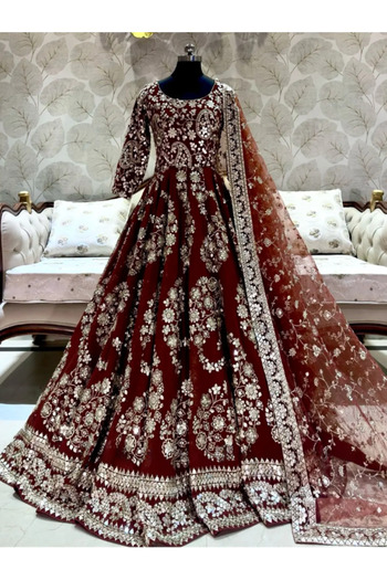 MYSMAR Maroon Colored Embroidered Chinnon Silk Gown Bottom & Dupatta Set - PMM13306 | Maroon