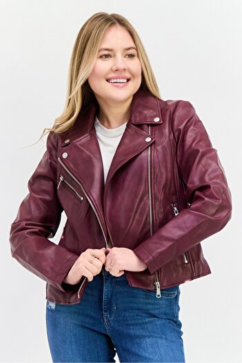 Bagatelle Women Plain Motorcycle Jacket, Maroon