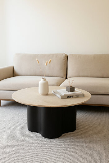 MARIA HOMES Round Black Coffee Table with Wood Top – Modern Center Table 90×45 cm