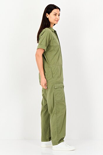 Reiko Women Solid Short Sleeve Jumpsuit, Khaki