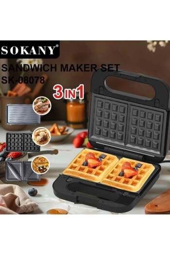 SOKANY SK-08078 3-in-1 Waffle & Sandwich Maker, 1200W