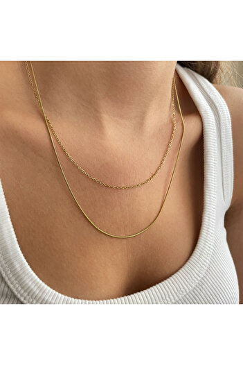 nerora Thin Elegant Snake Italian 2-Piece Chain Stainless Steel Gold (Tarnish-Free Guaranteed)