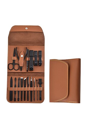 OEM 16-piece manicure set, matte black steel, faux leather case