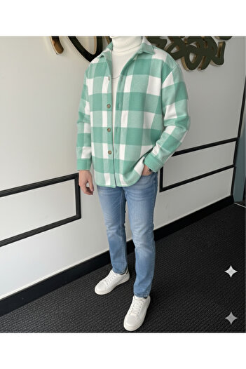 A&O Style Чоловіча сорочка з довгими рукавами з карієвим візерунком Mint Oversize