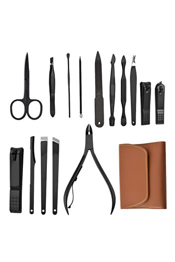 OEM 16-piece manicure set, matte black steel, faux leather case