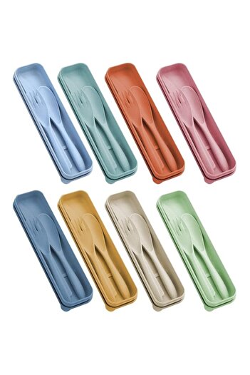 Generic Reusable Wheat Straw Travel Utensil Set with Storage Case Including Fork, Spoon and Knife for Kids