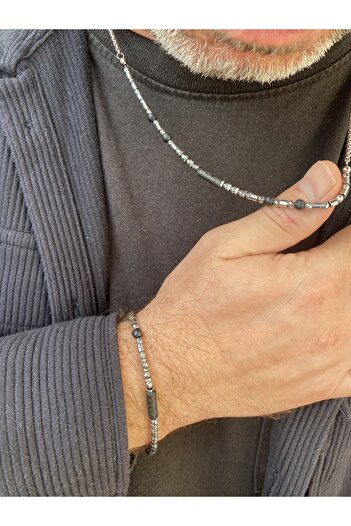 kurukafagift Stainless Steel Men's Necklace Chain Bracelet Set with Natural Stone Detail