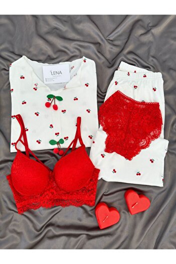 Lena Homewears Women's Patterned Berlin K Ribbed Knit Pajama Set with Underwear