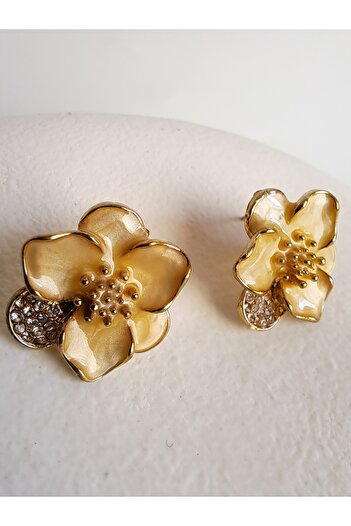 BHR AKSESUAR Cream Zircon Stone Pearlescent Retro Flower Earrings