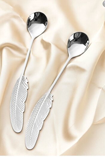 Turkco Silver Color Feather Design Stylish Tea Spoon & Dessert Spoon – Set of 6