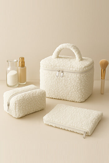 Paris Home Makeup and Accessory Bag Set - 3-Piece Soft Textured Organizer Teddy Fabric White