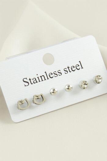 AKSESUARIM 6 Pieces Cat Stone Steel Earrings