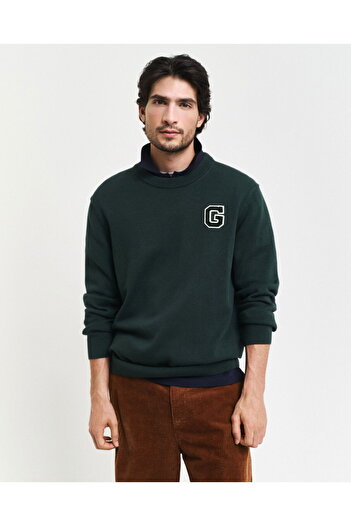 Gant Men's Green Relaxed Fit Crew-Neck Pullover with Logo