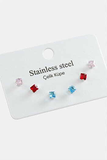 AKSESUARIM 6 Pieces Square Colorful Zircon Single Stone Steel Earrings