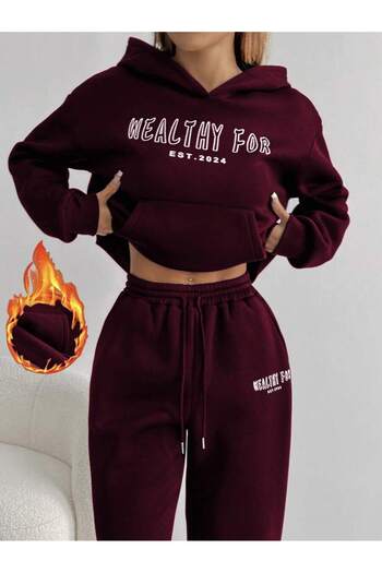LEONE KOLEKSİYON Women's Burgundy Hooded Two Thread Suit – High Waist Comfortable Fit