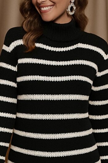 TUA MODA TUA MODA Women's Long Sleeve Degaje Collar striped Sonya Yarn Mini Length Knitwear Dress (without belt)