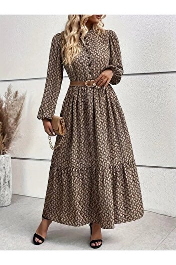 EyesOf Women's Long Sleeve High Neck Buttoned Beltless Patterned Maxi Single Jersey Dress