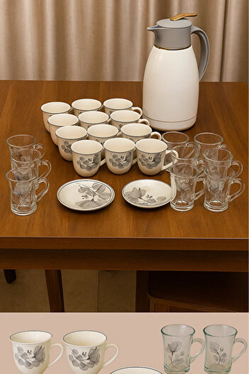 Urbanza Elegant Silver Floral Tea & Coffee Set with Plates – 12 Piece Modern Glass & Ceramic Set