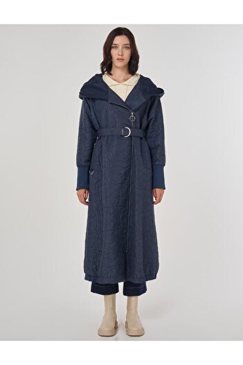 Kayra Embossed Pattern Hooded Wear It Dark Navy Blue