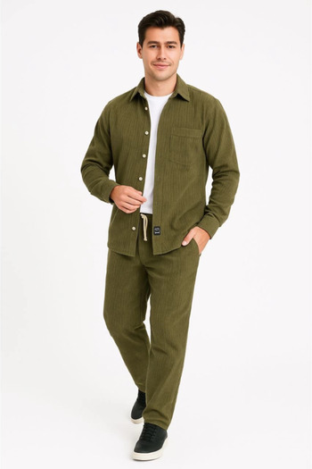 soonaksesuar Men's Velvet Oversized Set – Shirt and Pants Two-Piece Set Smoked Corduroy Elegance, Comfortable