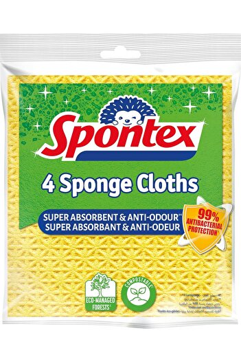 Spontex Sponge Cloths with Anti-bacterial Protection, Absorbent, Durable, 100% Biodegradable, 4 Piec
