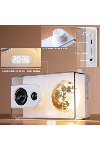 Generic Moon Lamp Bluetooth Speaker & Clock 13W Stereo Bass Alarm & White Noise Modern Desk Decor