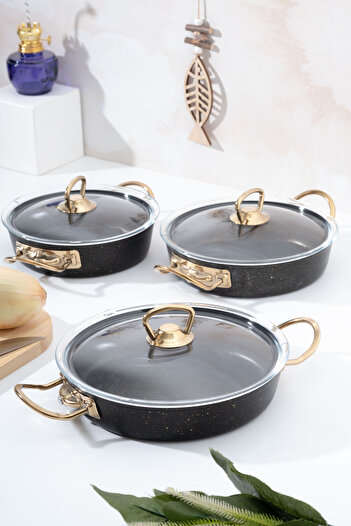 Homekolik 6 Piece Granite Glass Lid Black Metal Handle Saucepan Set 18-20-22 cm – Gold Handle |   Durable, Design
