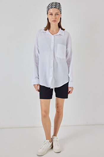 Hiccup Bdart Pocket Detailed Oversized Button Linen Blend Shirt