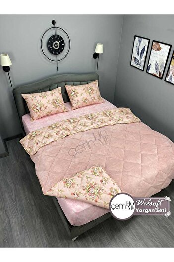 Çetinhome Double Patterned Welsoft Quilt Set (Without Sheets)