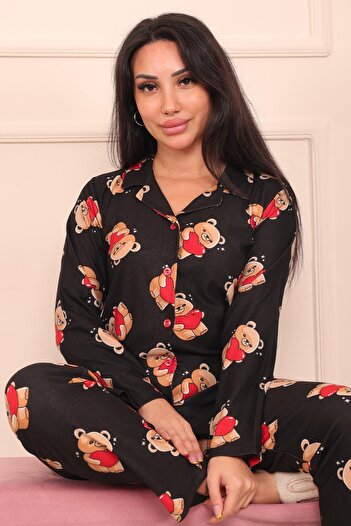 Niket Life Women's Teddy Bear Patterned Buttoned Front Suede Pajama Set