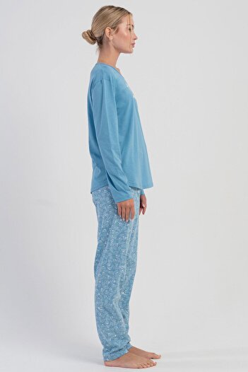 VİENETTA Women's Blue Color Long Sleeve Crew Neck Floral Pattern Pajamas Set C6T6N1305