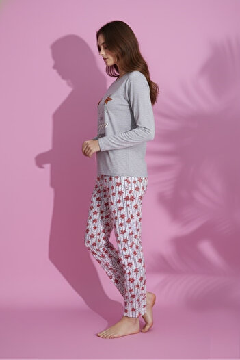 embody Women's Cotton Wadded Pajama Set with Blouse and Long Trousers grey 15409
